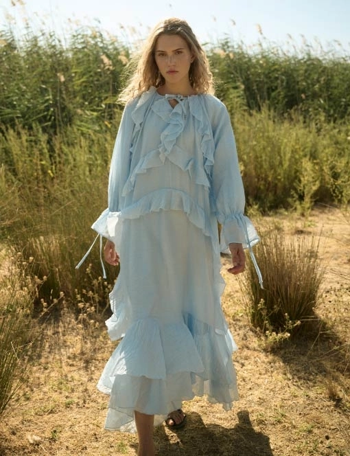 Volan Detaylı Soft Mavi Elbise