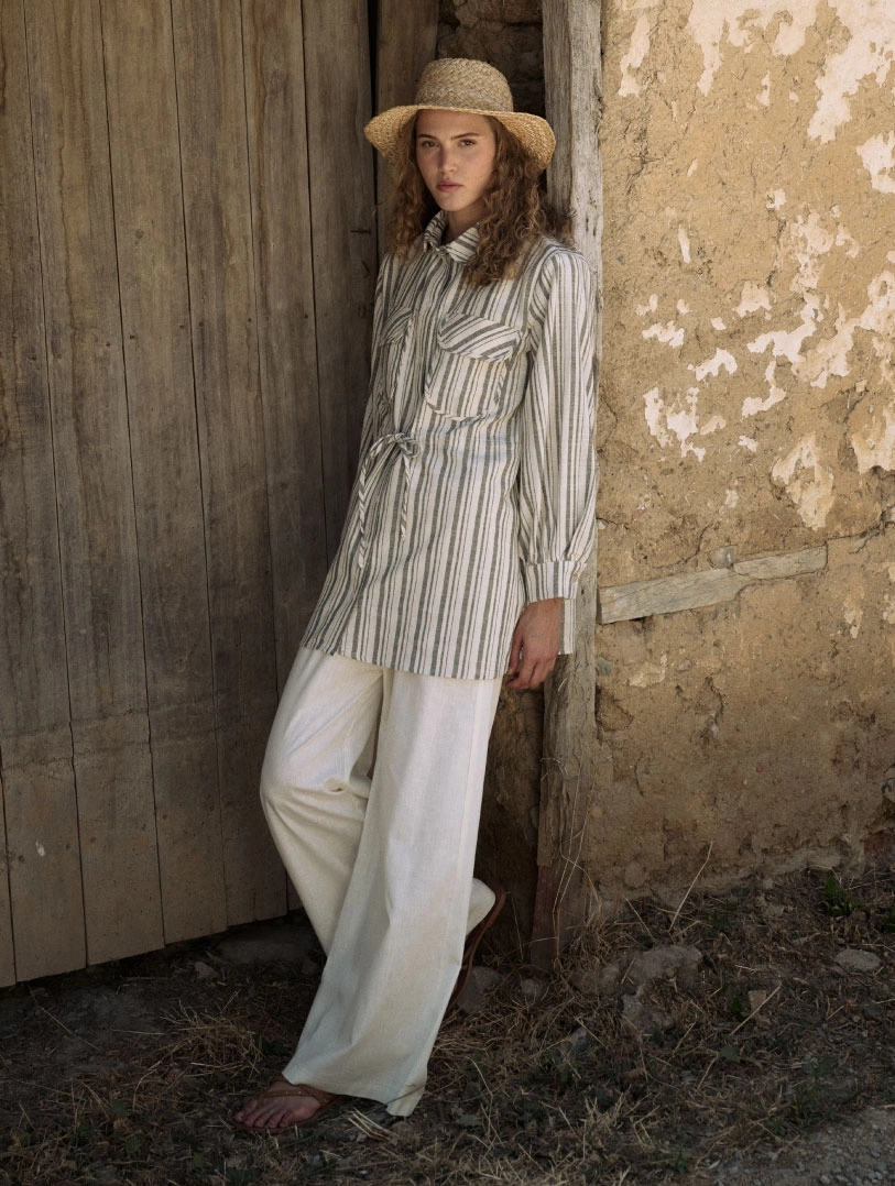 Naturel Çizgili Haki Keten Ceket