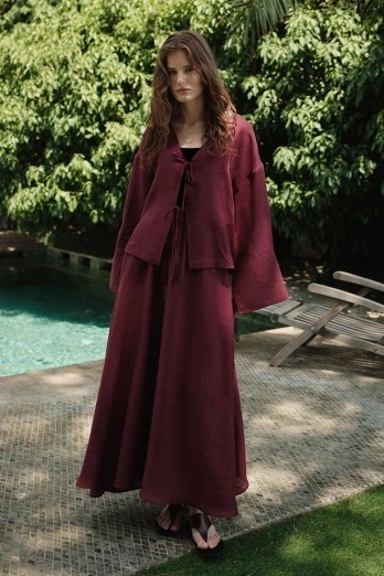 Hooopstore - %100 Keten Bağcıklı Dökümlü Bordo Kimono (1)