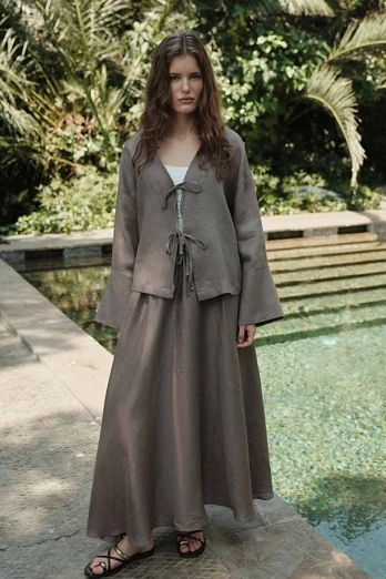 Hooopstore - %100 Keten Bağcıklı Dökümlü Kül Gri Kimono (1)