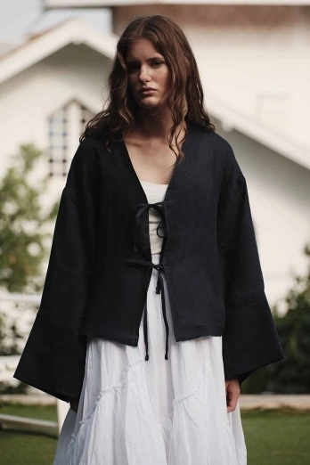 Hooopstore - %100 Keten Bağcıklı Dökümlü Lacivert Kimono (1)