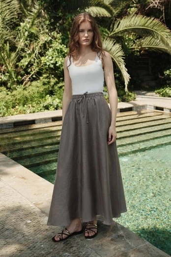 Hooopstore - %100 Keten Beli Lastikli Kül Gri Etek (1)