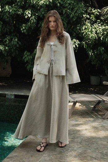 Hooopstore - %100 Keten Beli Lastikli Taş Etek (1)