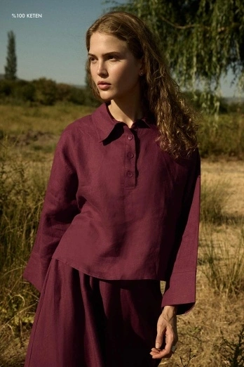 Hooopstore - %100 Keten Düğmeli Dökümlü Bordo Bluz