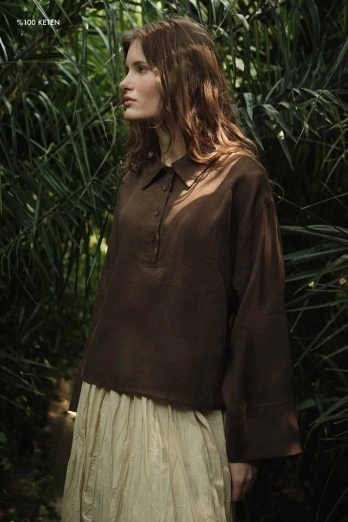 Hooopstore - %100 Keten Düğmeli Dökümlü Kahve Bluz