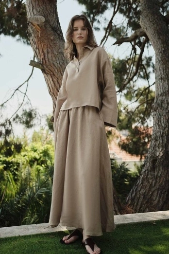 Hooopstore - %100 Keten Düğmeli Dökümlü Vizon Bluz (1)