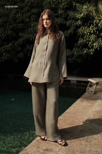 Hooopstore - %100 Keten Düz Adaçayı Pantolon