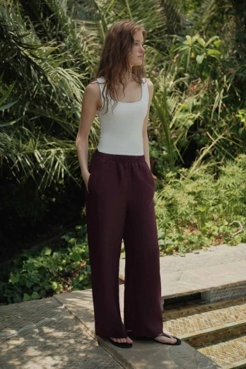 Hooopstore - %100 Keten Düz Bordo Pantolon (1)