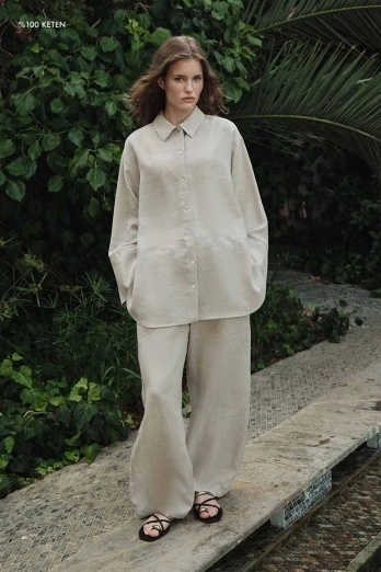 Hooopstore - %100 Keten Kesik Detaylı Dökümlü Taş Gömlek