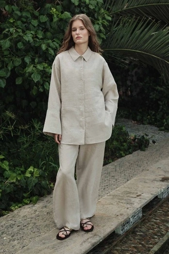 Hooopstore - %100 Keten Kesik Detaylı Dökümlü Taş Gömlek (1)