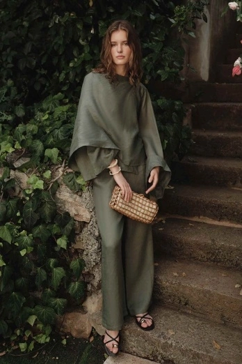 Hooopstore - %100 Keten Pelerin Detaylı Dökümlü Adaçayı Bluz (1)