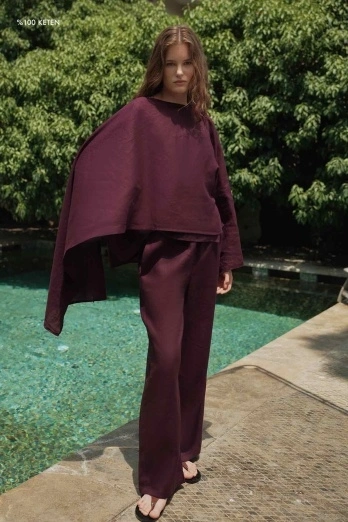 Hooopstore - %100 Keten Pelerin Detaylı Dökümlü Bordo Bluz