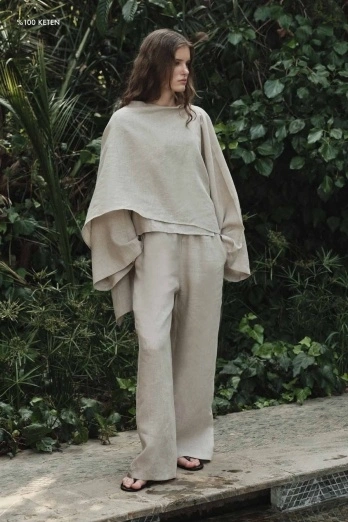 Hooopstore - %100 Keten Pelerin Detaylı Dökümlü Taş Bluz