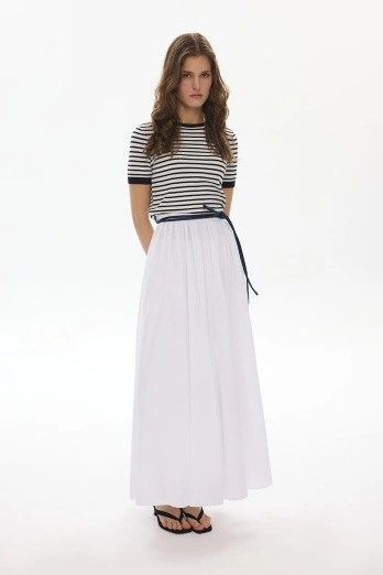 Hooopstore - A Kesim Pileli Beyaz Poplin Etek (1)
