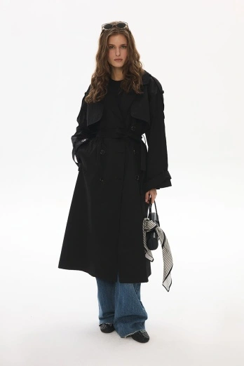 Hooopstore - Aller Detaylı Gabardin Siyah Trençkot