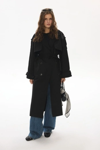 Hooopstore - Aller Detaylı Gabardin Siyah Trençkot (1)