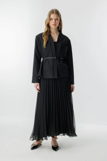 Hooopstore - Allure Şifon Pilise Siyah Etek (1)