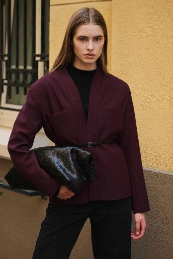 Hooopstore - Andera Deri Kemer Detaylı Bordo Ceket (1)