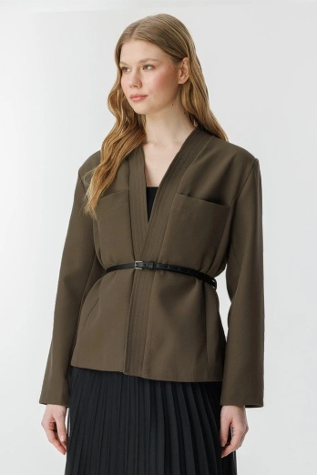 Hooopstore - Andera Deri Kemer Detaylı Koyu Haki Ceket