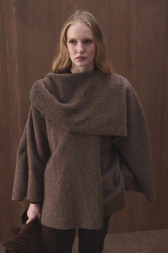 Hooopstore - Asimetrik Kesim Pelerin Yaka Kahve Kaban (1)