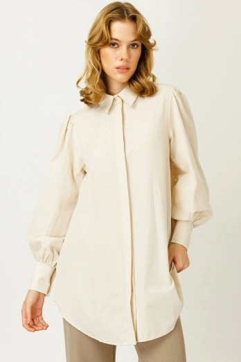 Hooopstore - Balon Kollu Basıc Bej Gömlek