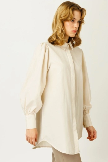 Hooopstore - Balon Kollu Basıc Bej Gömlek (1)