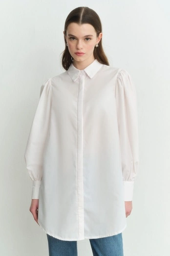 Hooopstore - Balon Kollu Basıc Gömlek - Beyaz