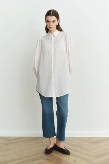 Hooopstore - Balon Kollu Basıc Gömlek - Beyaz (1)