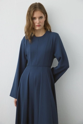 Hooopstore - Belden Oturma Detaylı İndigo Elbise (1)