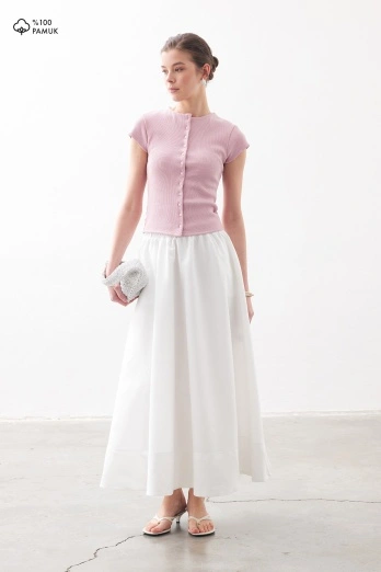 Hooopstore - Beli Lastikli Pamuklu Beyaz Etek