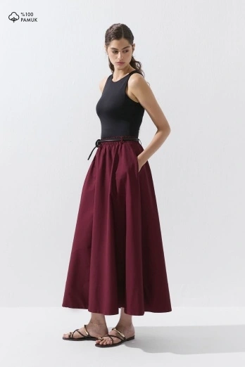 Hooopstore - Beli Lastikli Pamuklu Bordo Etek
