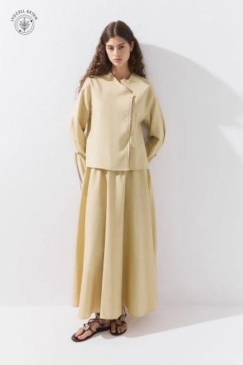 Hooopstore - Birit Detaylı Lyocell Keten Kum Beji Kimono