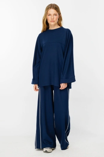 Hooopstore - Biye Detaylı Palazzo Lacivert Eşofman Pantolon (1)