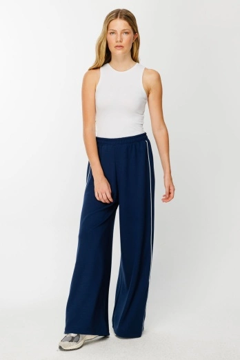 Hooopstore - Biye Detaylı Palazzo Lacivert Eşofman Pantolon