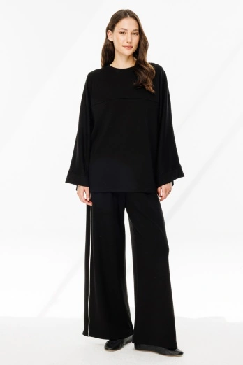 Hooopstore - Biye Detaylı Palazzo Siyah Eşofman Pantolon (1)