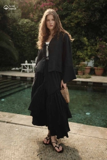 Hooopstore - Boho Çapraz Katlı Vual Lacivert Etek