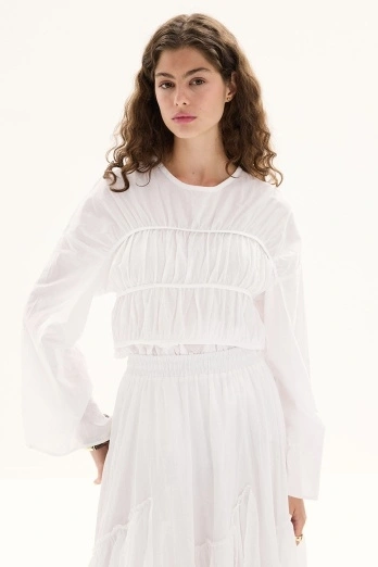 Hooopstore - Büzgü Detaylı Vual Beyaz Tunik (1)