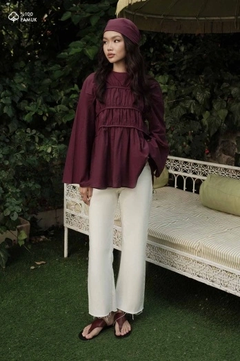 Hooopstore - Büzgü Detaylı Vual Bordo Tunik