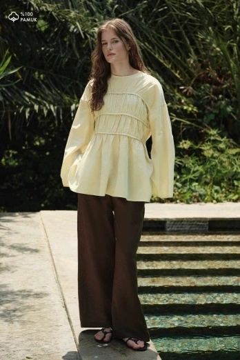 Hooopstore - Büzgü Detaylı Vual Butter Yellow Tunik