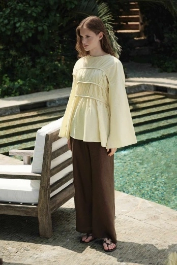 Hooopstore - Büzgü Detaylı Vual Butter Yellow Tunik (1)