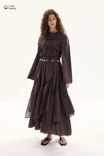 Hooopstore - Büzgü Detaylı Vual Kahve Tunik