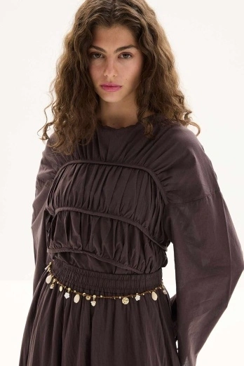 Hooopstore - Büzgü Detaylı Vual Kahve Tunik (1)