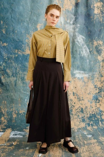 Hooopstore - Pile Detaylı Kahve Etek Pantolon