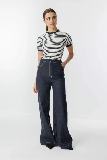 Hooopstore - Çift İğne Detaylı Bol Paça Lacivert Denim Pantolon (1)