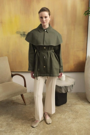 Hooopstore - Çıkarılabilir Pelerin Yaka Haki Gömlek (1)