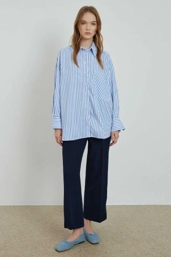Hooopstore - Çizgili Oversize Açık Mavi Gömlek Hooopstore - Çizgili Oversize Açık Mavi Gömlek