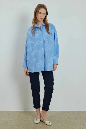 Hooopstore - Çizgili Oversize Koyu Mavi Gömlek (1)