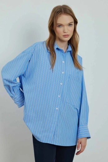 Hooopstore - Çizgili Oversize Koyu Mavi Gömlek
