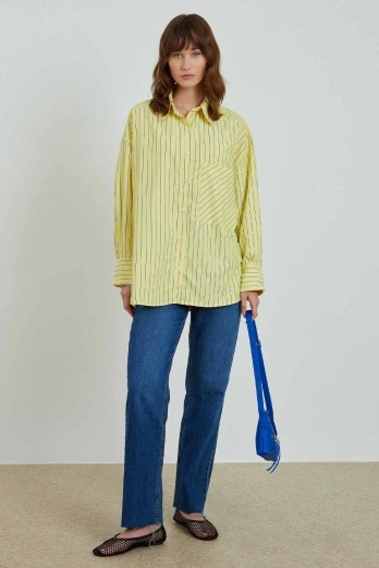 Hooopstore - Çizgili Oversize Sarı Gömlek