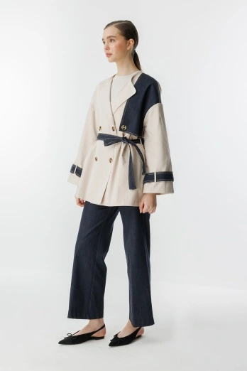 Hooopstore - Denim Detaylı Kruvaze Taş Trençkot